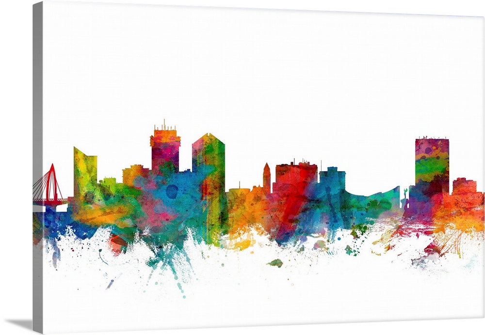 Watercolor artwork of the Wichita skyline against a white background.