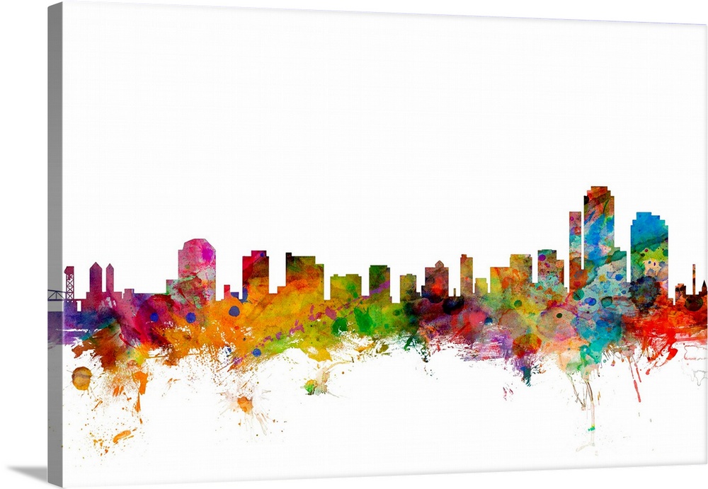 Watercolor artwork of the Wilmington skyline against a white background.