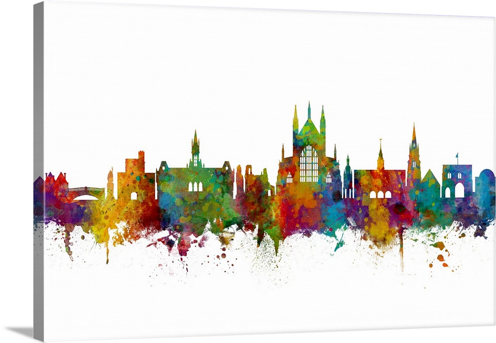 Watercolor art print of the skyline of Winchester, England, United Kingdom.