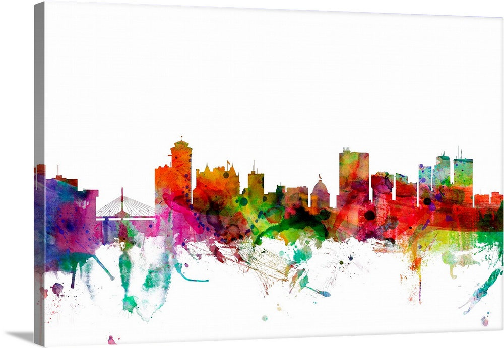 Watercolor artwork of the Winnipeg skyline against a white background.