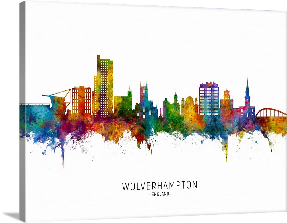 Watercolor art print of the skyline of Wolverhampton, England, United Kingdom