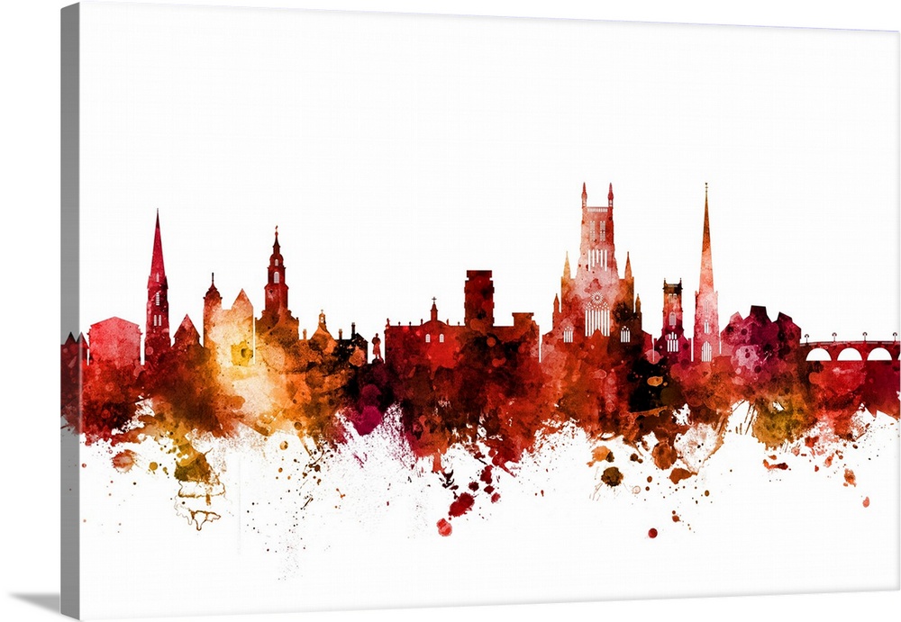 Watercolor art print of the skyline of Worcester, England, United Kingdom.