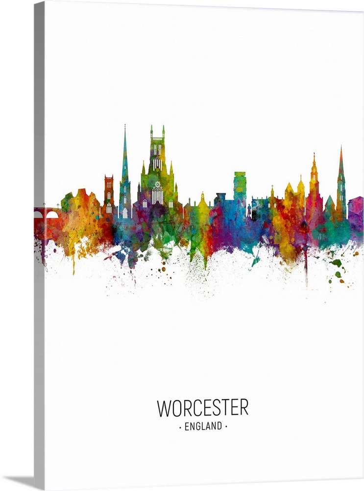 Watercolor art print of the skyline of Worcester, England, United Kingdom