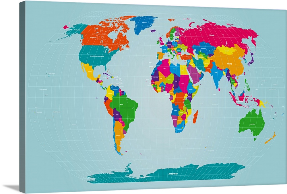 Bright and vibrant colors are used for the countries in this map of the world.