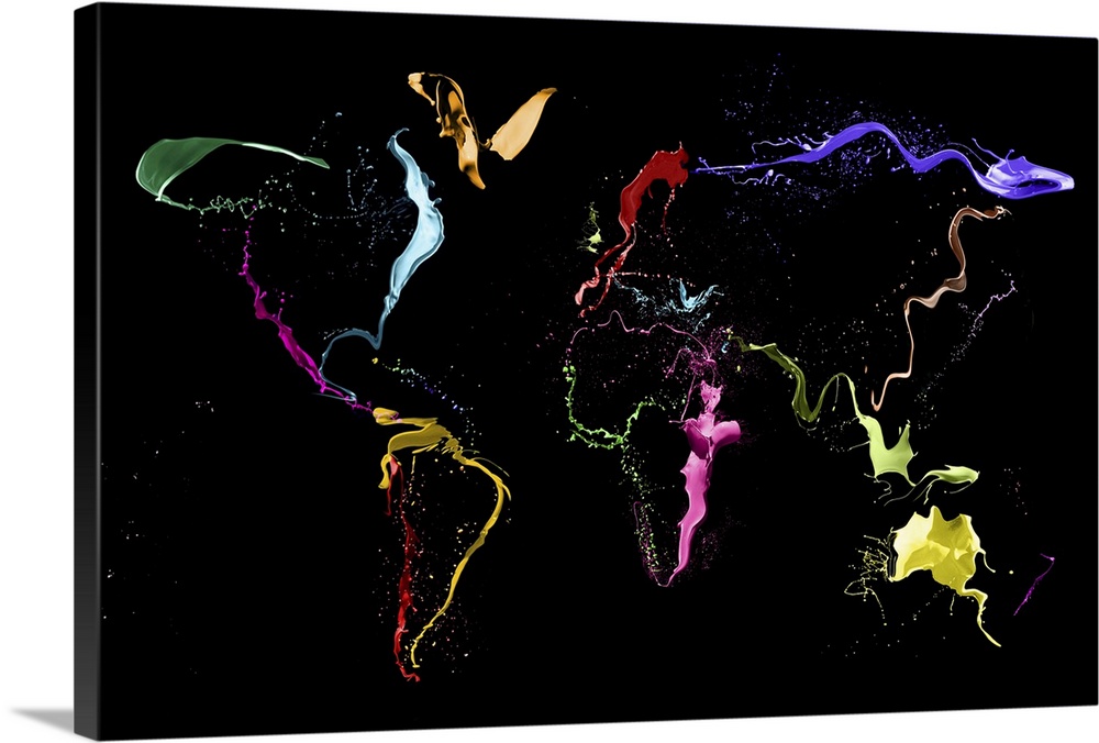 Map of the World made from photographs of multicolored thrown paint.