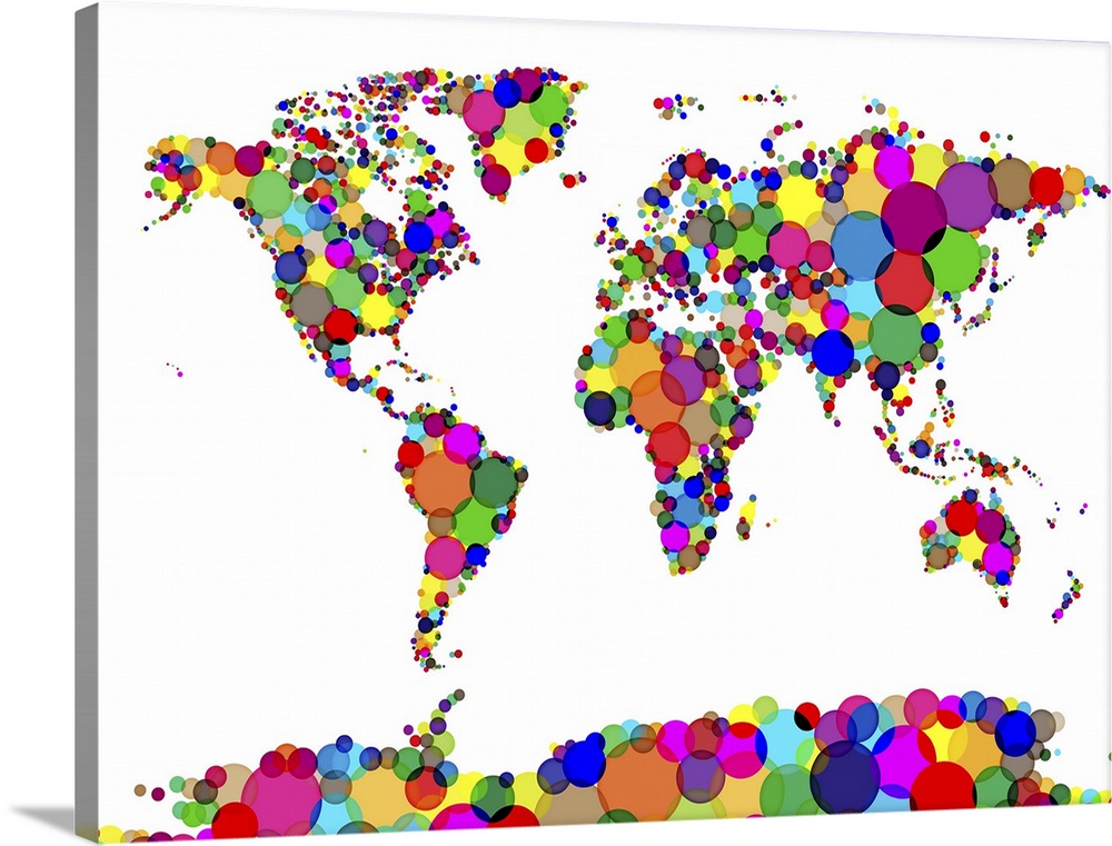 Map of the world made from multicoloured overlapping circles.