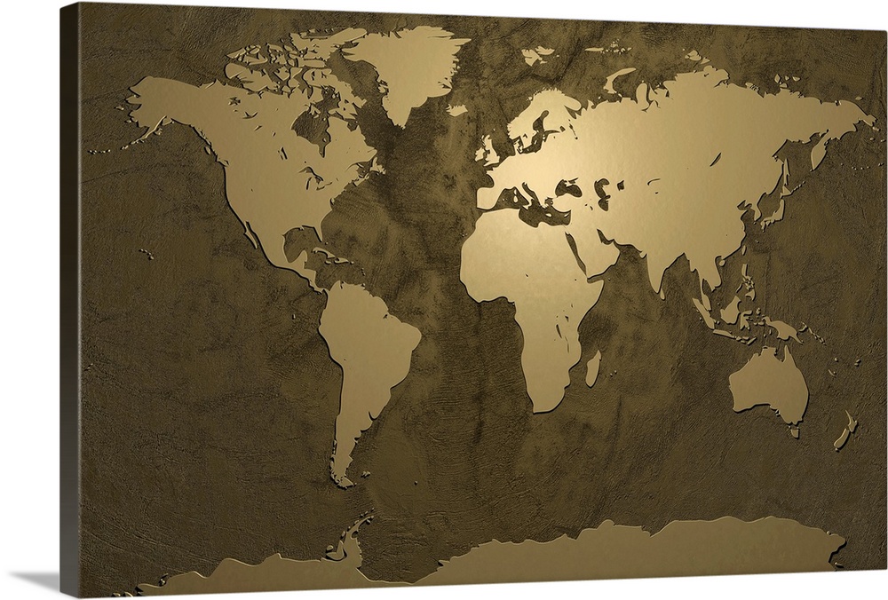 Map of the world in gold tones with detailed ridged ocean floor and simplified polished land, giving an effect of a piece ...