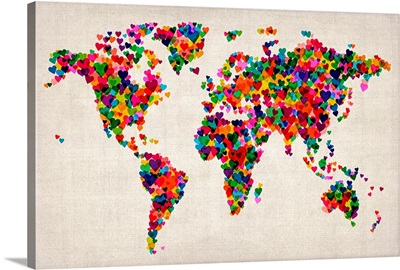 World Map Hearts, Multicolor on Parchment
