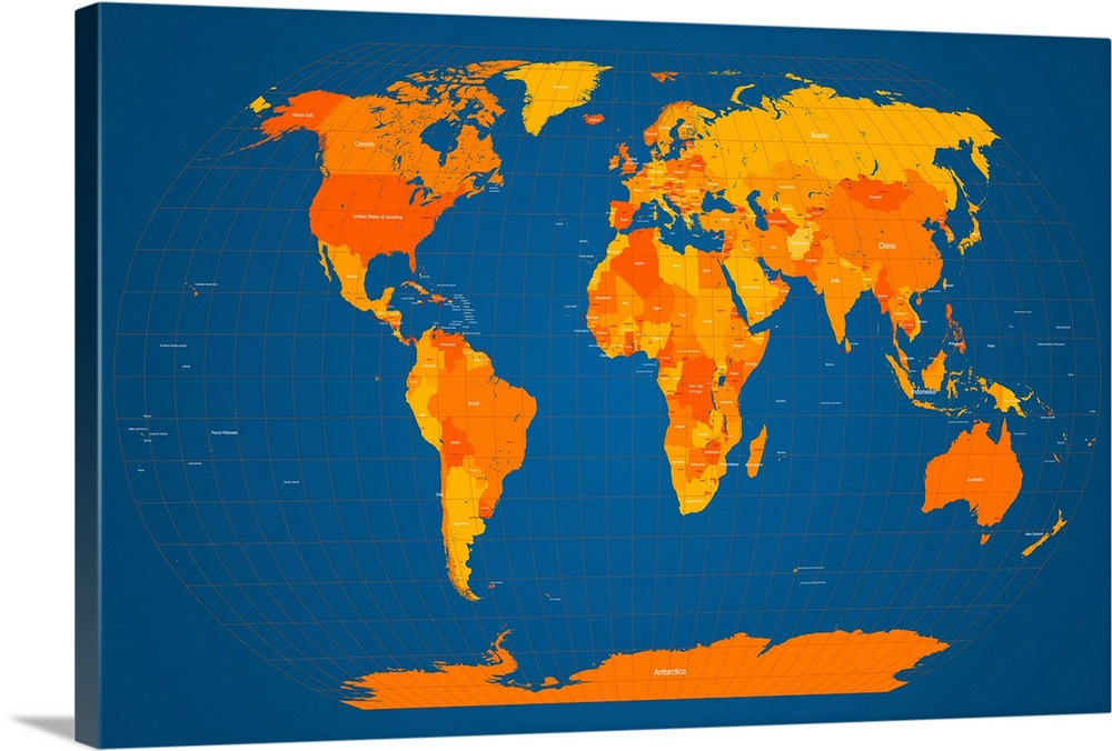 World map labeled with all the countries and oceans with latitude and longitude lines.