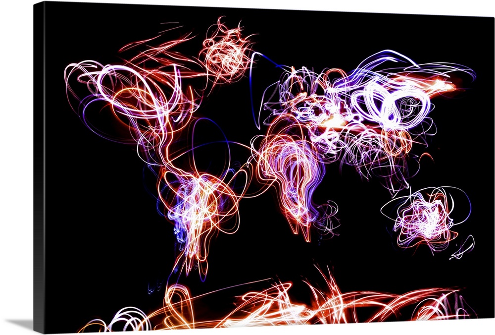 Big canvas art of a world map where the continents are made up of long exposed colored light.