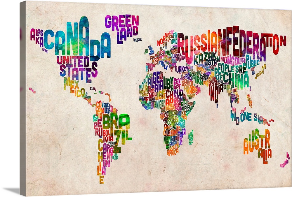 World Map made up of country names Wall Art, Canvas Prints, Framed 