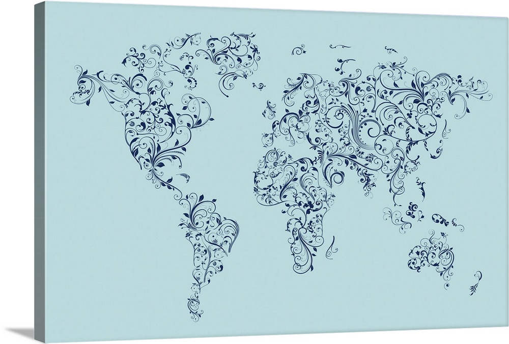 World map made up of Floral Swirls - blue background