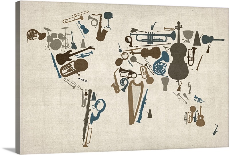 World map made up of Musical Instruments Wall Art, Canvas Prints