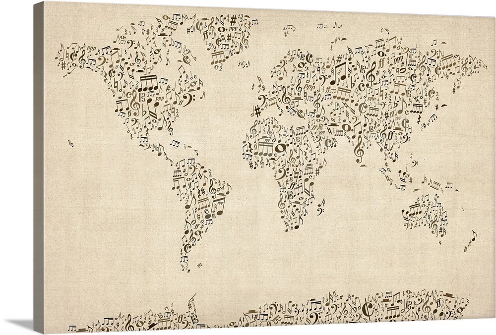 Large canvas of the a map of the world represented as musical notes.