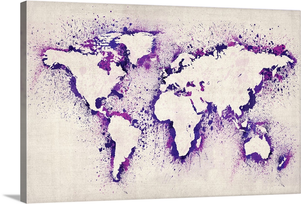 Artwork of a map of the continents created from stenciled ink splashes.
