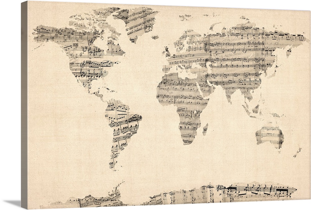 Large illustration depicts a map of Earth where the landmasses have been constructed of musical sheets.