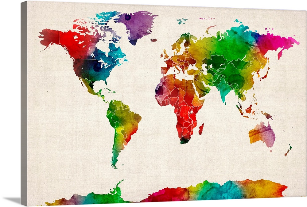 A colorful world map on paper texture that artistically defines all seven continents and outlines the countries; this wall...