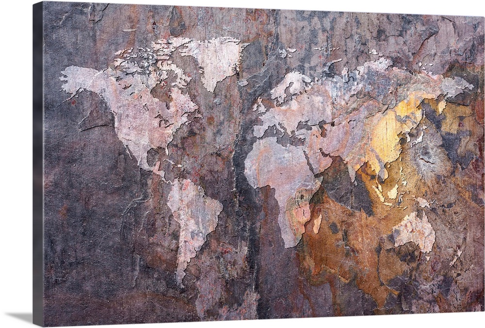 Huge canvas art depicts a map of Earth laid over a roughly textured rock face.