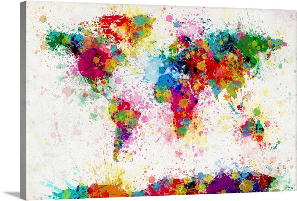 Giant contemporary piece of colorful art that shows a world map composed of a number of paint drops and splashes.