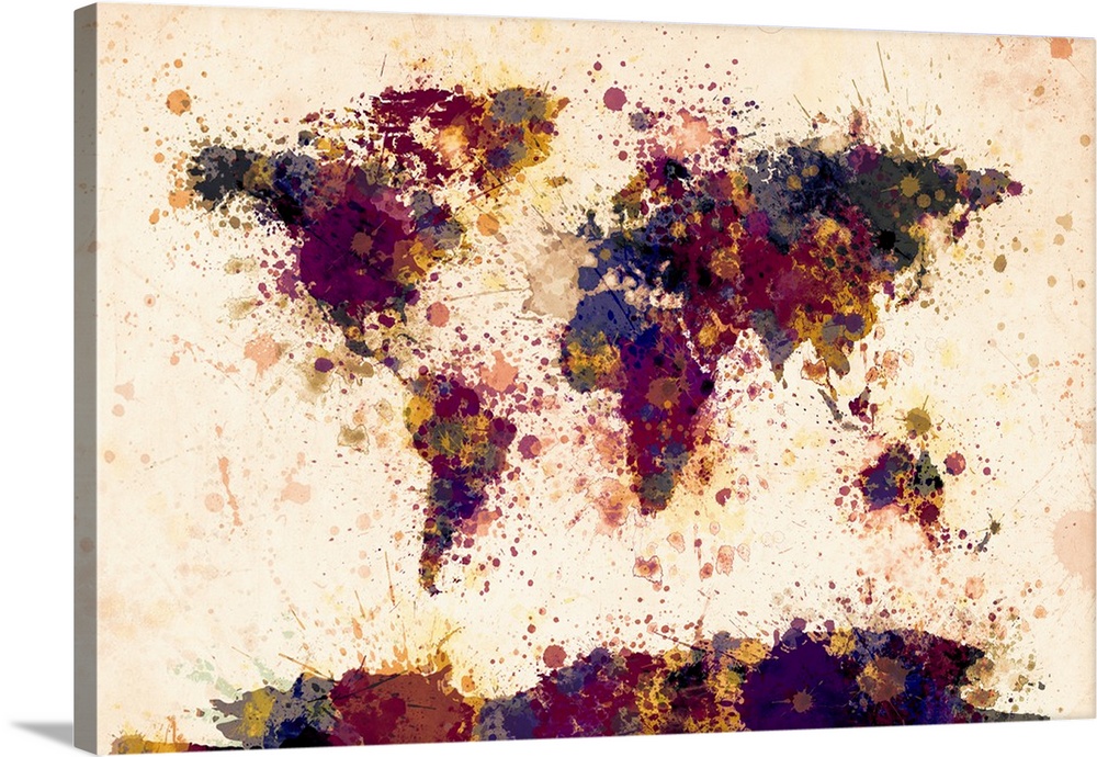 Contemporary world map artwork made of dark watercolor paint splashes.