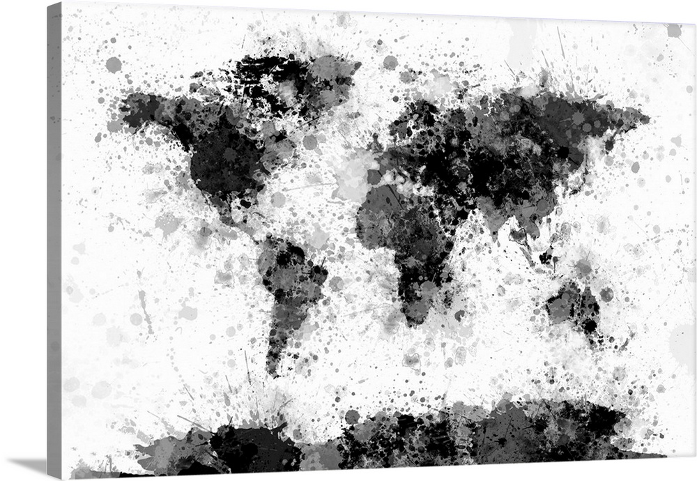 Contemporary artwork of a world map made from black and gray toned paint splatters.