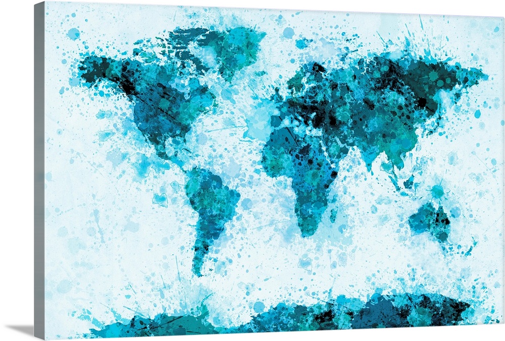 Tonal map of the world made from splatters of paint.