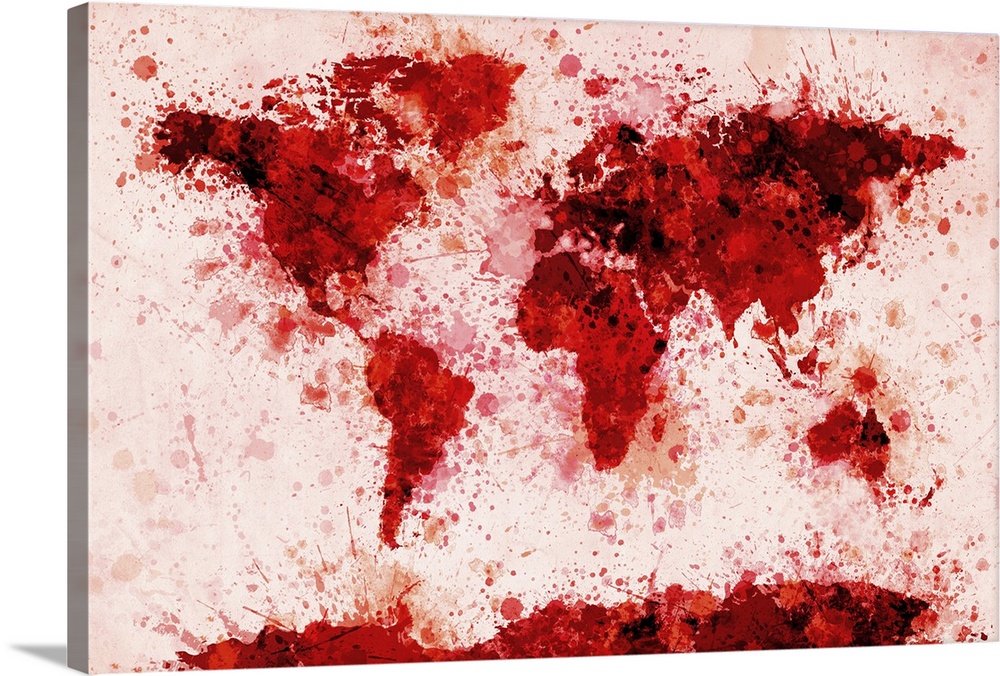 Oversized, horizontal art of a map of the world made from colored paint splashes.