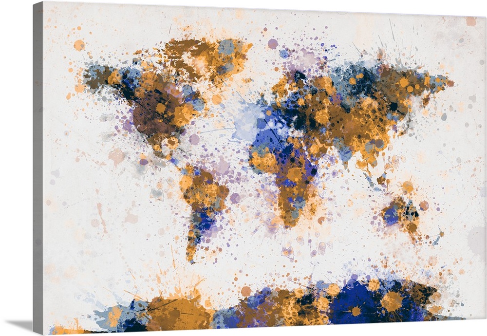 World Map Paint Splashes, Yellow and Blue