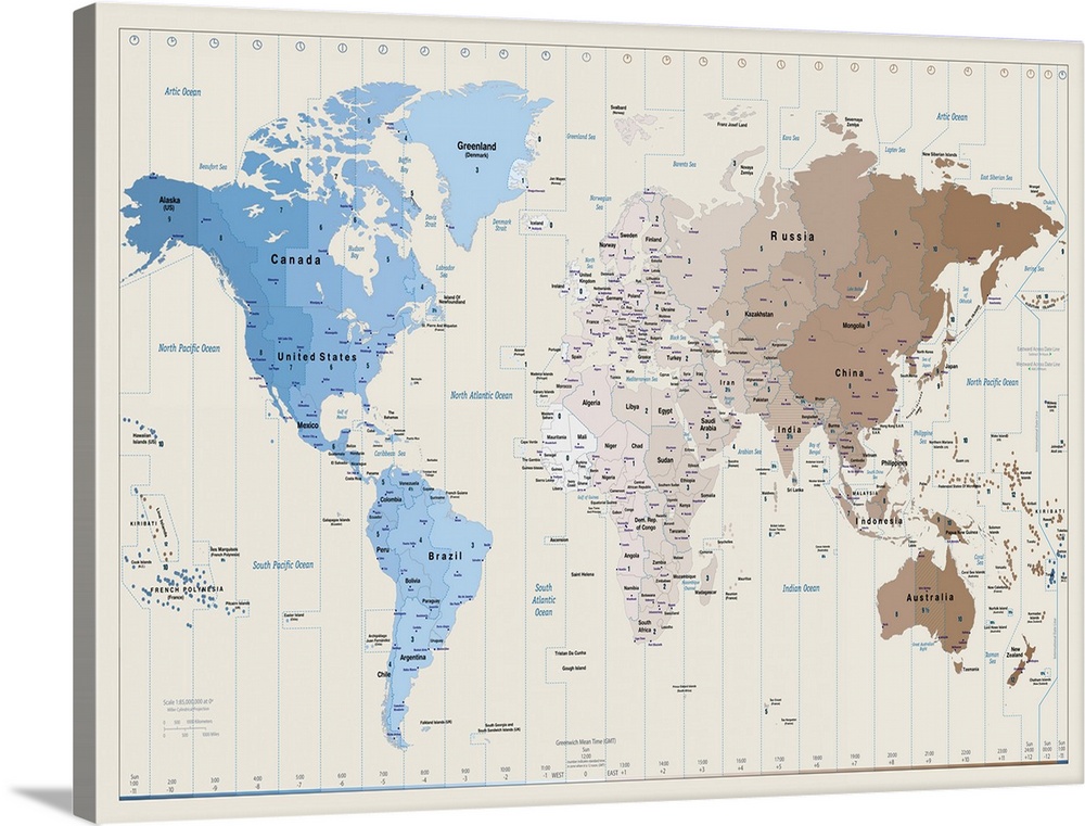A large oversize piece of a world map that is split up by time zones.