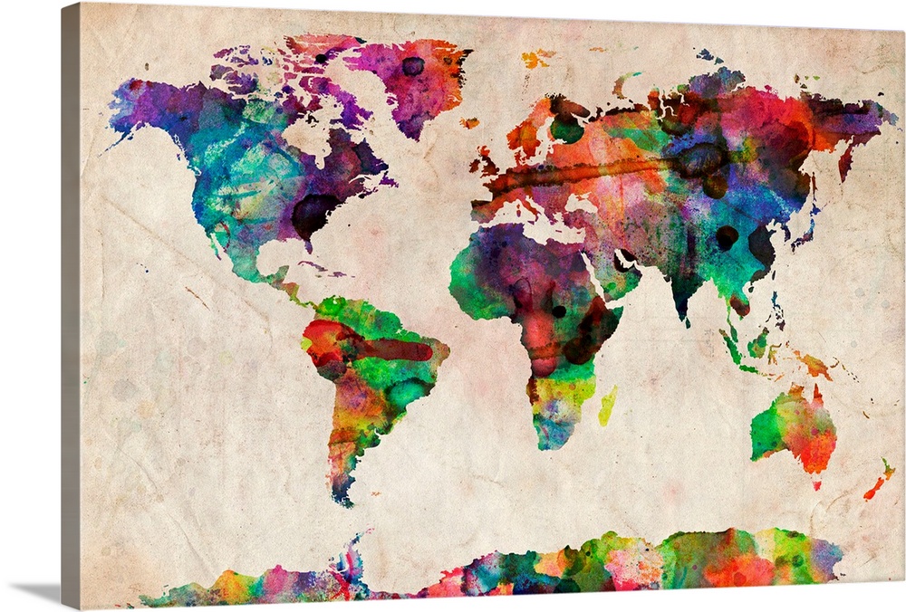 Silhouette of continents filled with wild paint splatters on a textured background showing all the countries of the world.