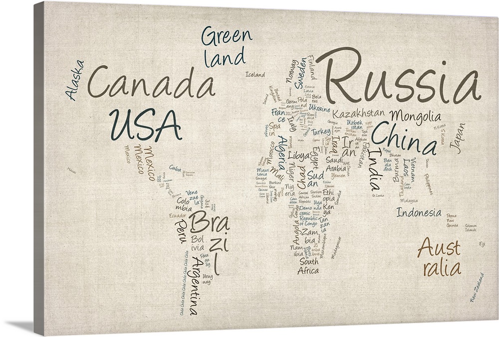 Map of the world with the continent shapes and location made of words.