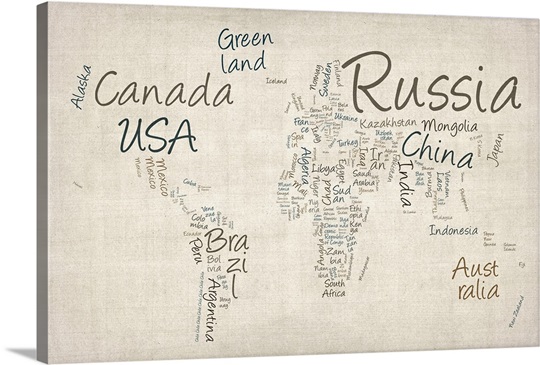 World Map With Countries Made Up Of Text Names Wall Art Canvas Prints 
