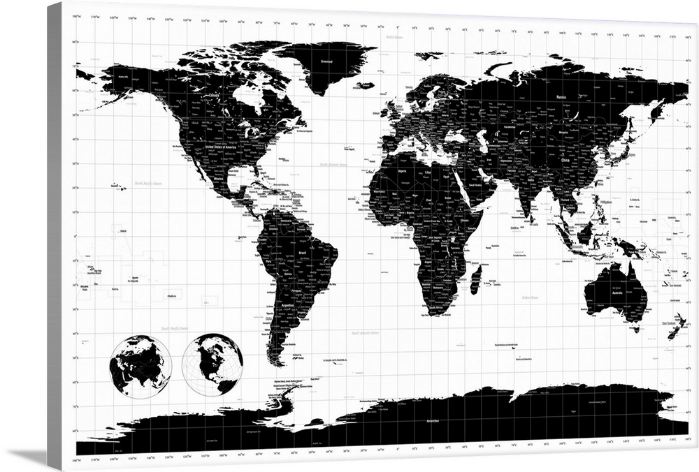 Horizontal, large wall hanging of the world map in black, on a white background, with longitude and latitude lines.