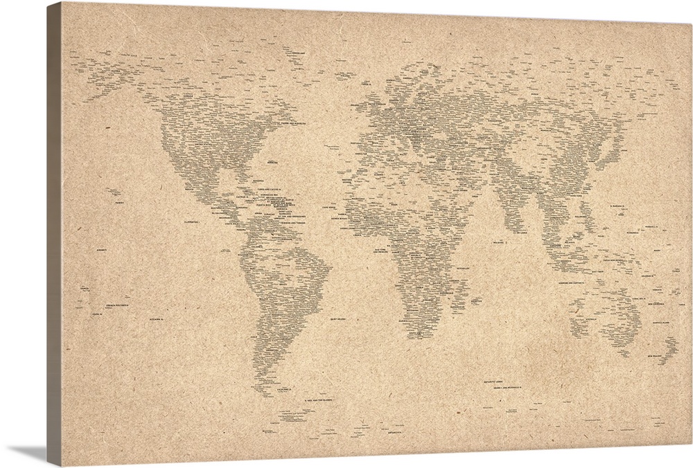 Large, horizontal wall art of the map of the world with each country name spelled out in text.