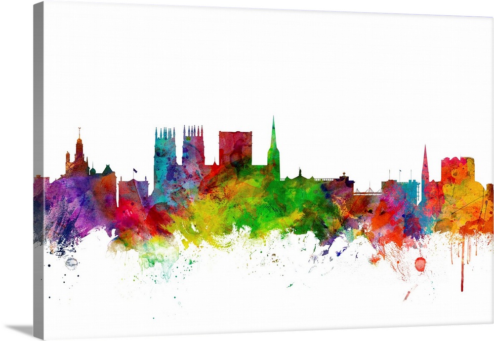 Contemporary piece of artwork of the York, England skyline made of colorful paint splashes.