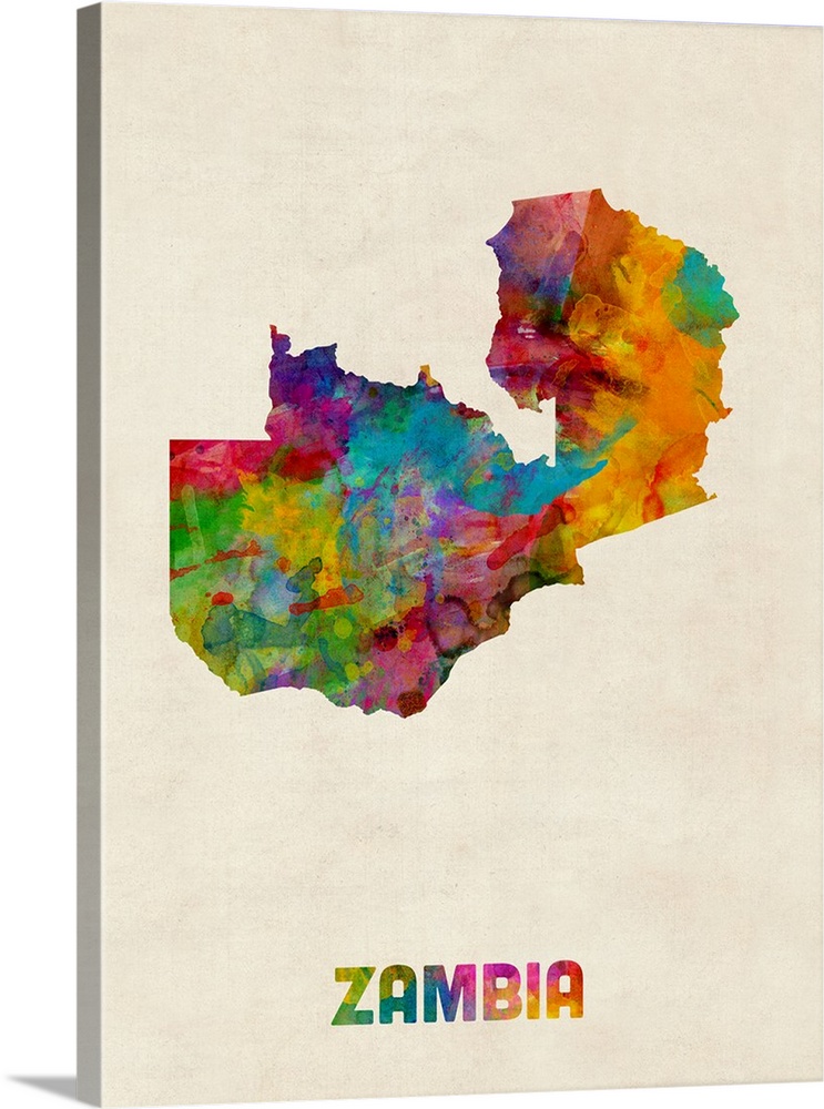 A watercolor map of Zambia.