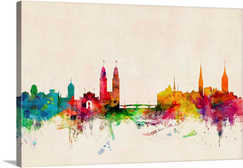 Contemporary piece of artwork of the Zurich skyline made of colorful paint splashes.