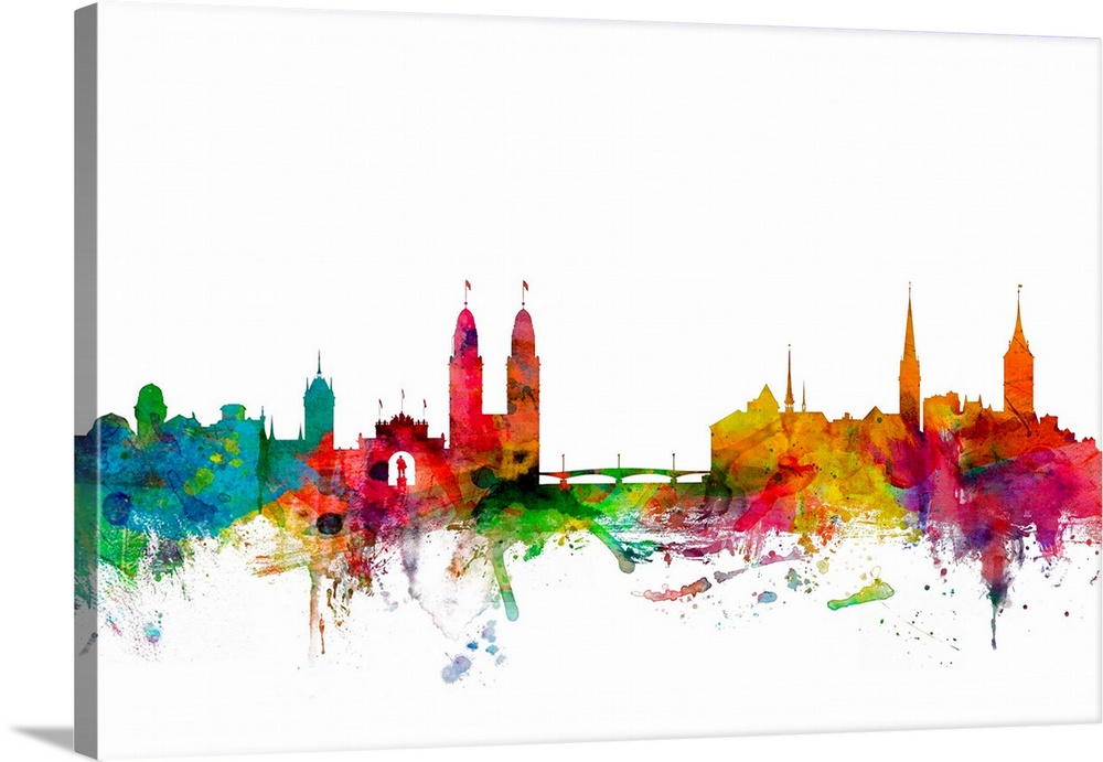 Watercolor artwork of the Zurich skyline against a white background.