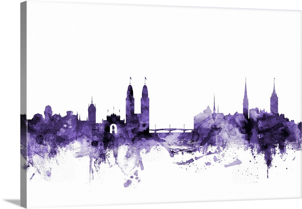 Watercolor art print of the skyline of Zurich, Switzerland in purple.
