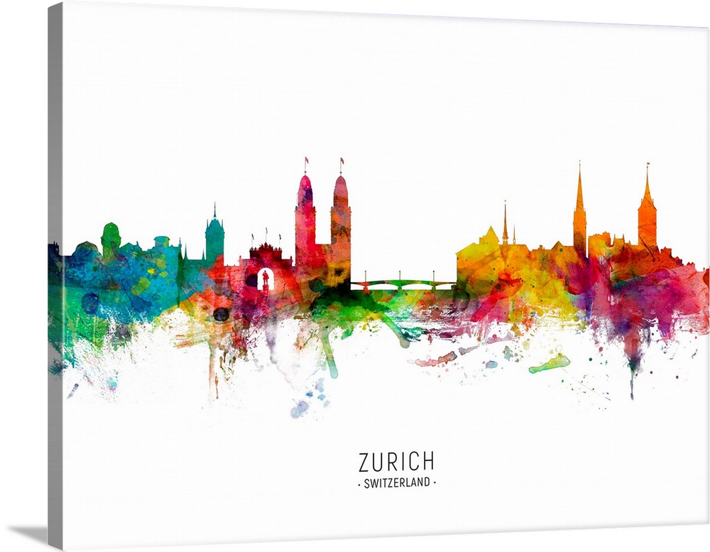 Watercolor art print of the skyline of Zurich, Switzerland.