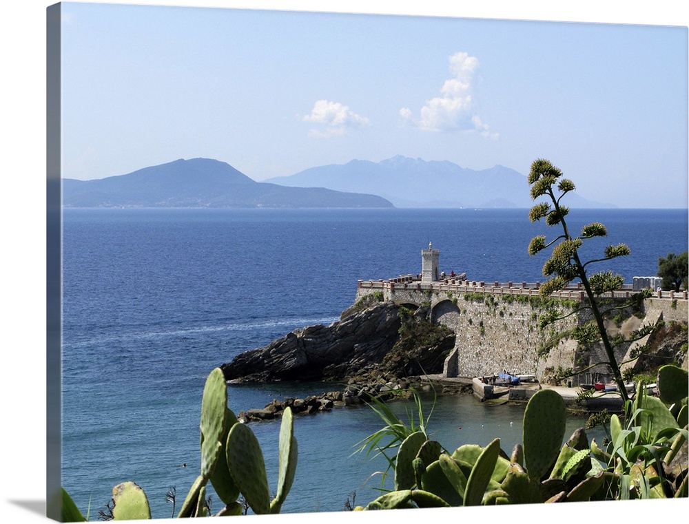 Piombino, Tuscany coast in Summer time; Tyrrhenian sea. Ferry boat passing by, connecting mainland with the archipelago. A...