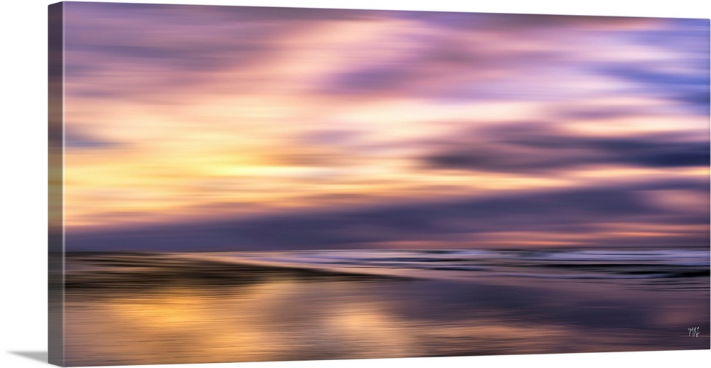 This contemporary work of art captures a ogolden houro sunset in Carmel-by-the-Sea. Parts of the ocean and beach are vibra...