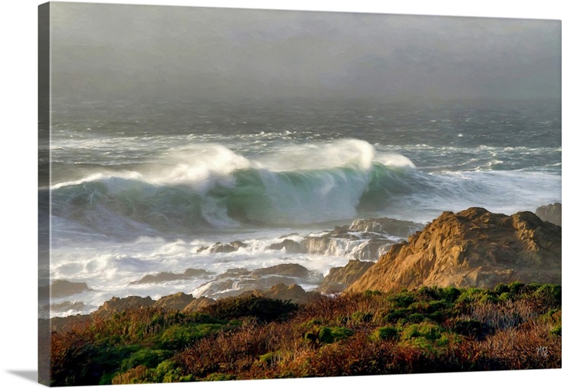 Dramatic Ocean Waves Artwork Framed Canvas Leather Print