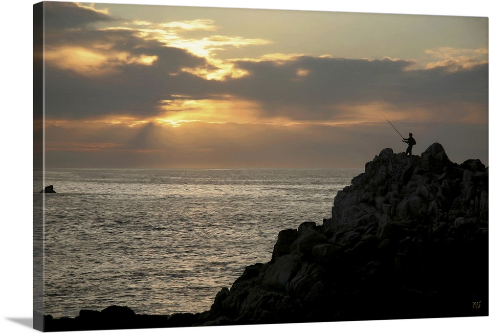 A fisherman casts his line at sunset in Pacific Grove, California, in this alluring piece of artwork that captures a uniqu...