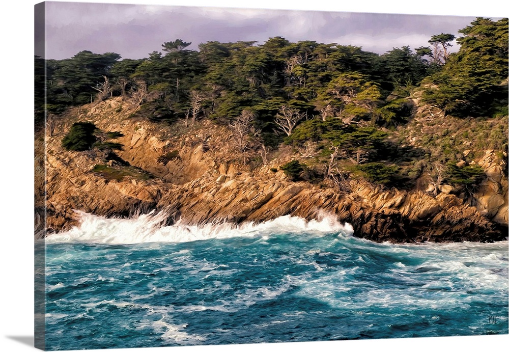 Waves crash upon granite cliffs amid the dynamic beauty of the Point Lobos Sate Reserve, often called the "crown jewel" of...