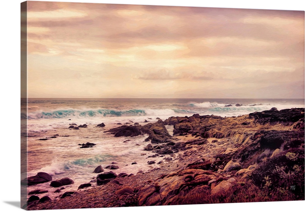 The pink and mauve colors of a Pebble Beach sunset make the beautiful teals of breaking waves especially striking in this ...