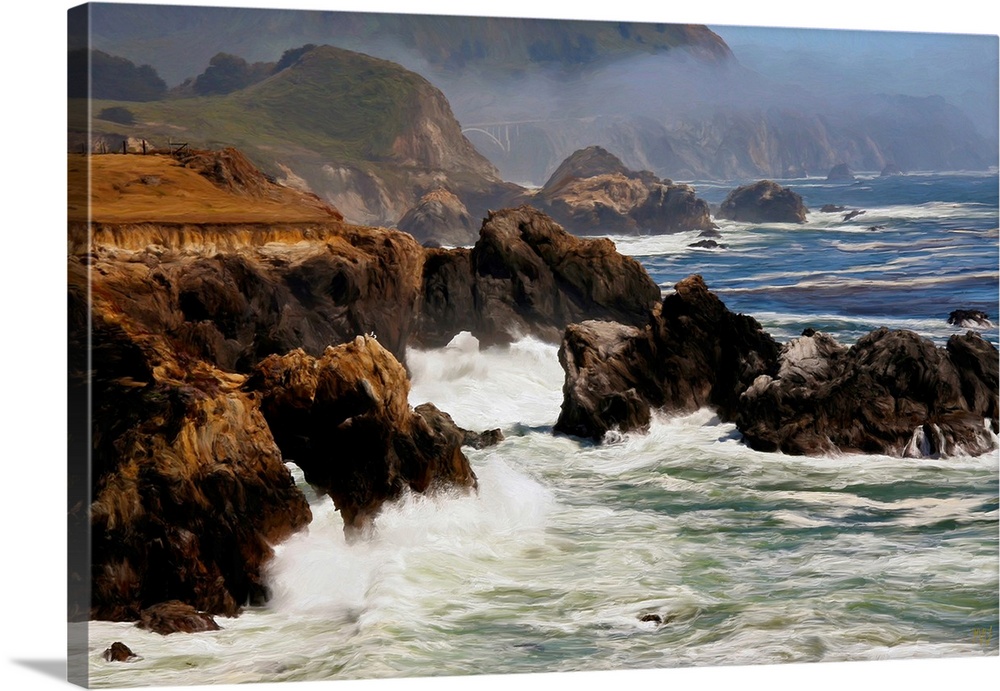 Seagulls perched on a rock formation have a spectacular view of waves crashing on the rugged Big Sur coast. In the distanc...