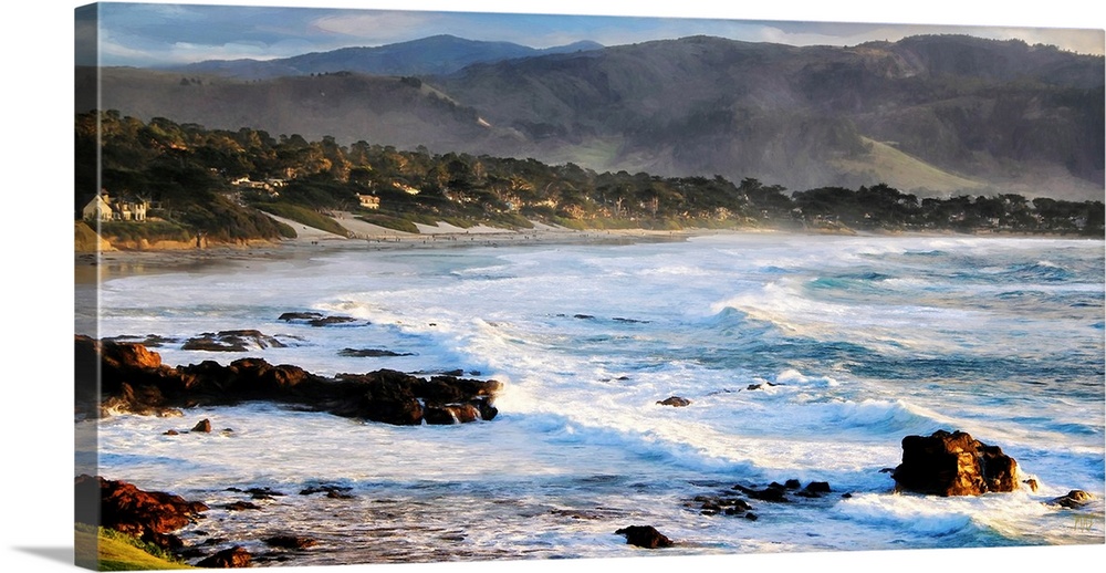 With the foothills of the Santa Lucia Mountains in the background, this panoramic view of Carmel-by-the-Sea California cap...