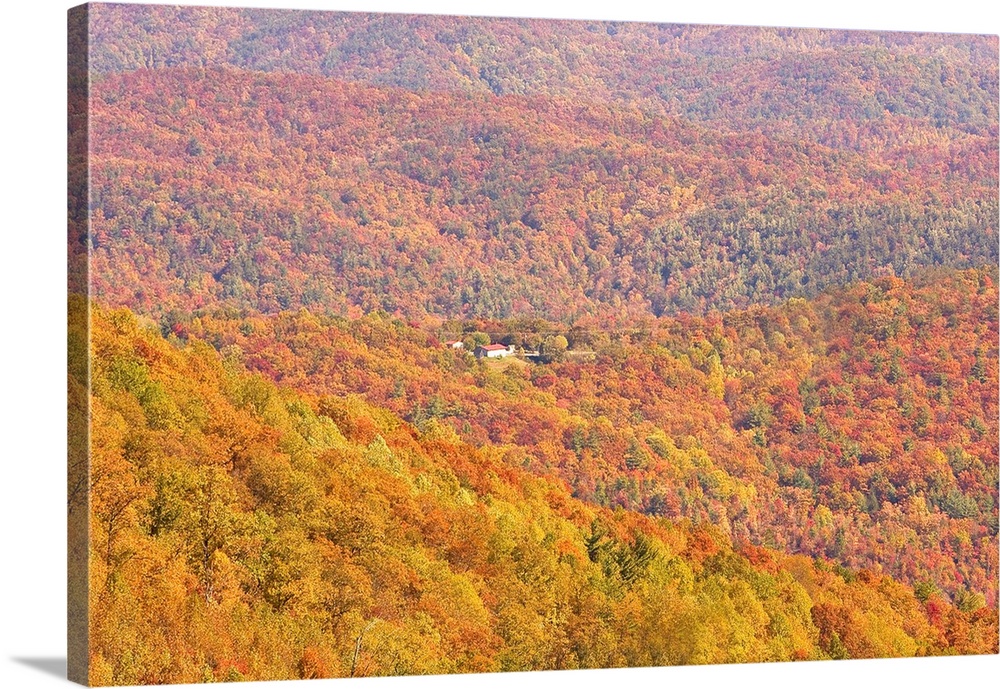 A home surrounded by colorful fall forests on the Blue Ridge Parkway.