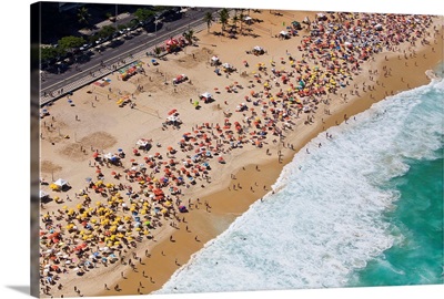 Aerial of large crowd at the Copacabana Beach in Rio de Janeiro